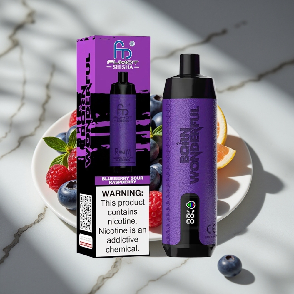 RandM Fumot Shisha 10000 Puffs LED Tipo-C 18ml Arándano Frambuesa Ácida 0.5% Nic