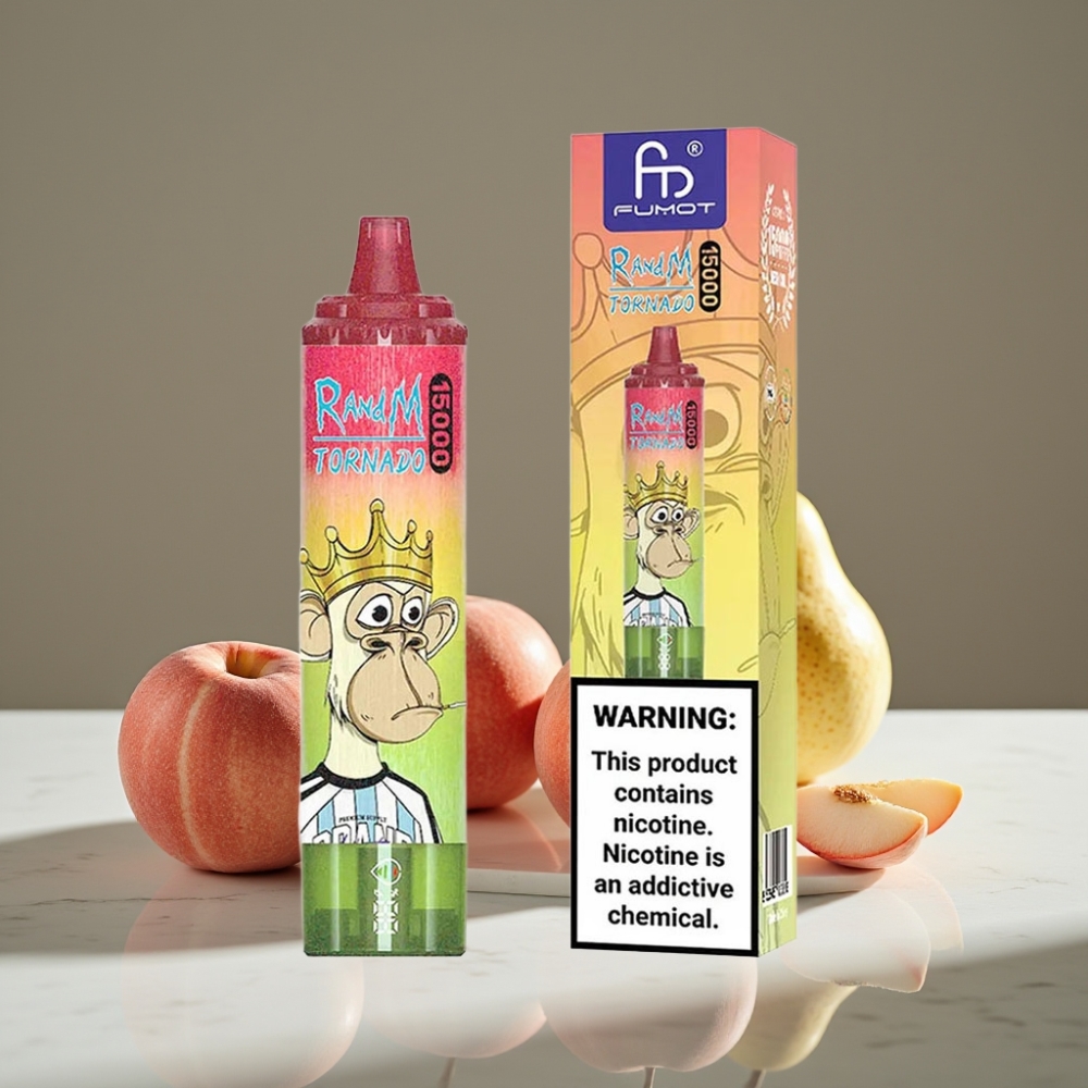 RandM Fumot Tornado 15000 Puffs 25ml 850mAh Manzana Durazno Pera Tipo-C Mesh LCD
