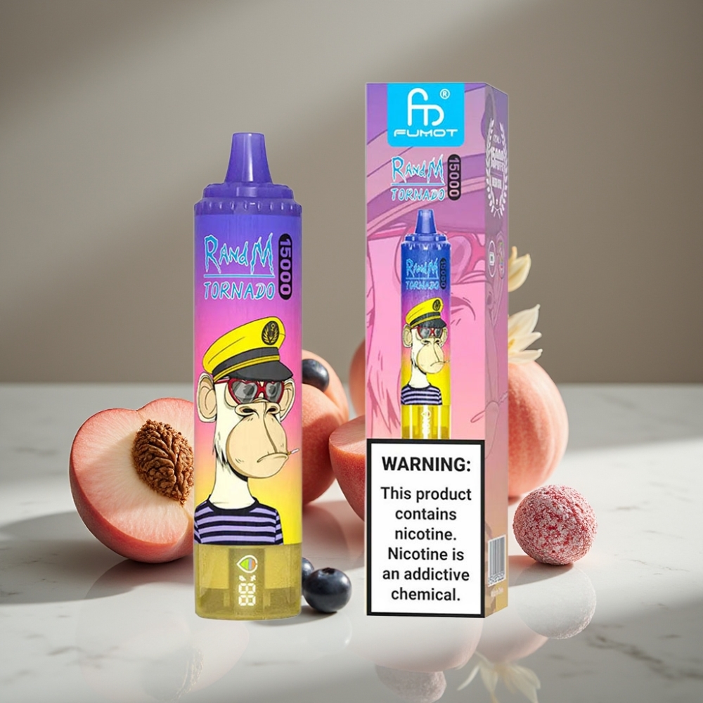 RandM Fumot Tornado 15000 Puffs 25ml 850mAh Tipo-C LCD Durazno Arándano Caramelo