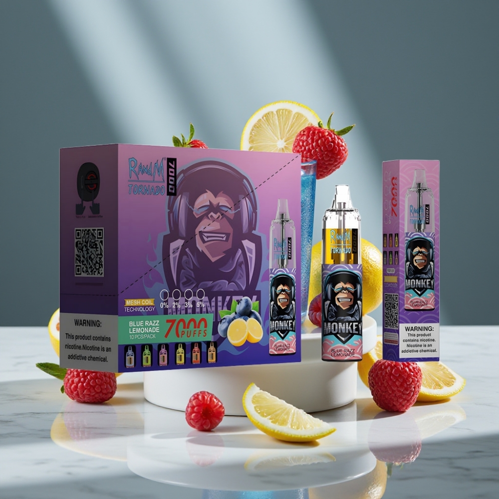 RandM Fumot Tornado 7000 Puffs 14ML E-liquid Blue Razz Lemonade RGB Light Mesh Coil