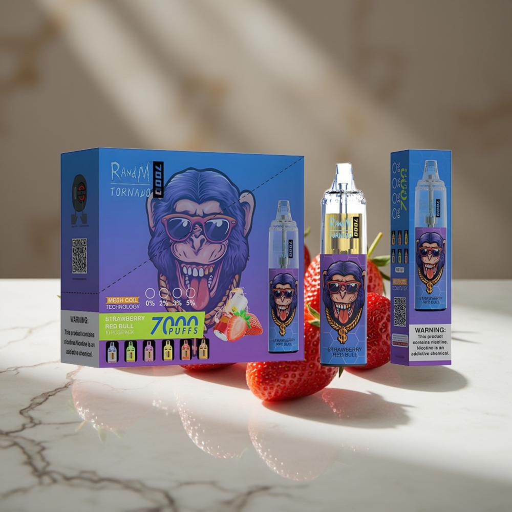 RandM Fumot Tornado 7000 Puffs 14ML E-liquid Fresa Red Bull Tipo-C Luz RGB Ajuste de Aire