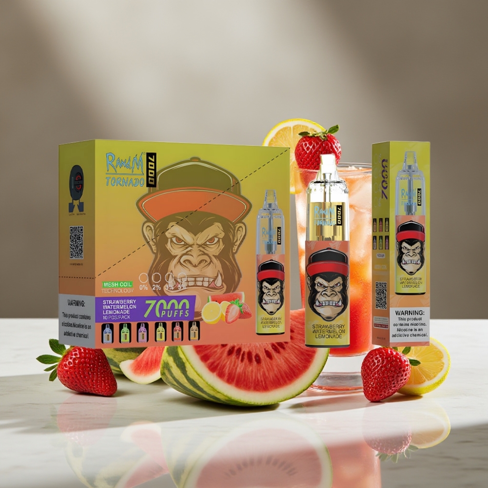 RandM Fumot Tornado 7000 Puffs Vape Desechable Fresa Sandía Limonada, 14ML, Malla, Tipo-C, RGB, Aire Ajustable
