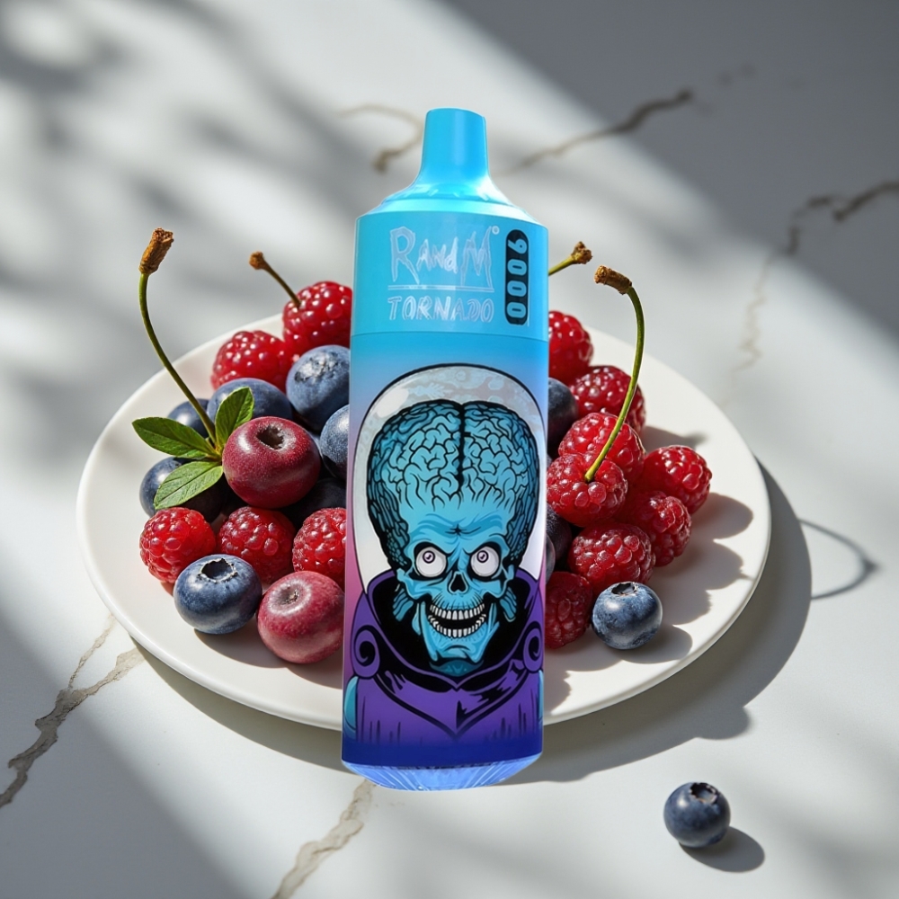 RandM Tornado 9000 Puffs 18 mL Arándano Cereza Blueberry Pantalla RGB Bobina Mesh