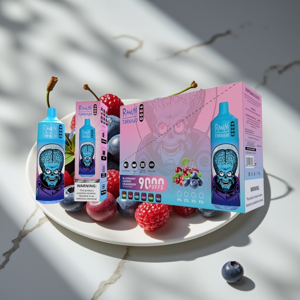 RandM Tornado 9000 Puffs 18 mL Arándano Cereza Blueberry Pantalla RGB Bobina Mesh