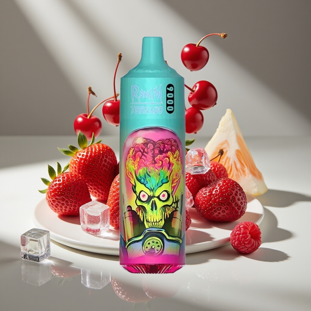 RandM Tornado 9000 Puffs 18 mL Fresa Frambuesa Cereza Hielo Pantalla RGB