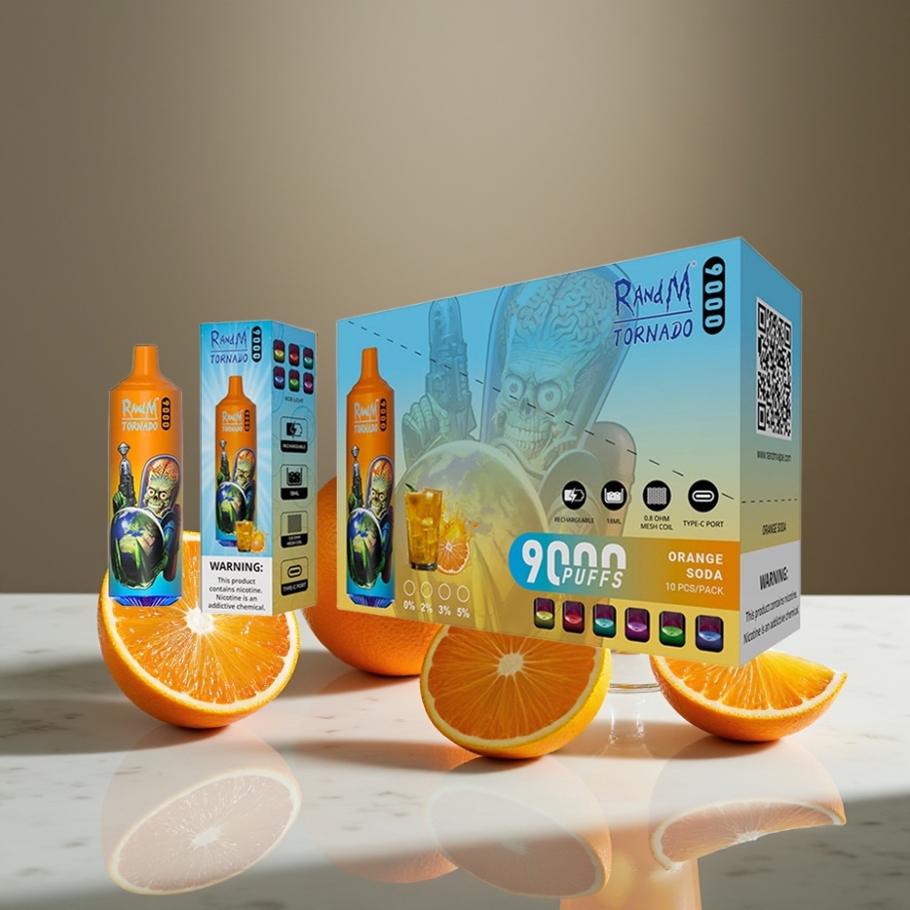 RandM Tornado 9000 Puffs 18 mL Naranja Refresco Pantalla RGB