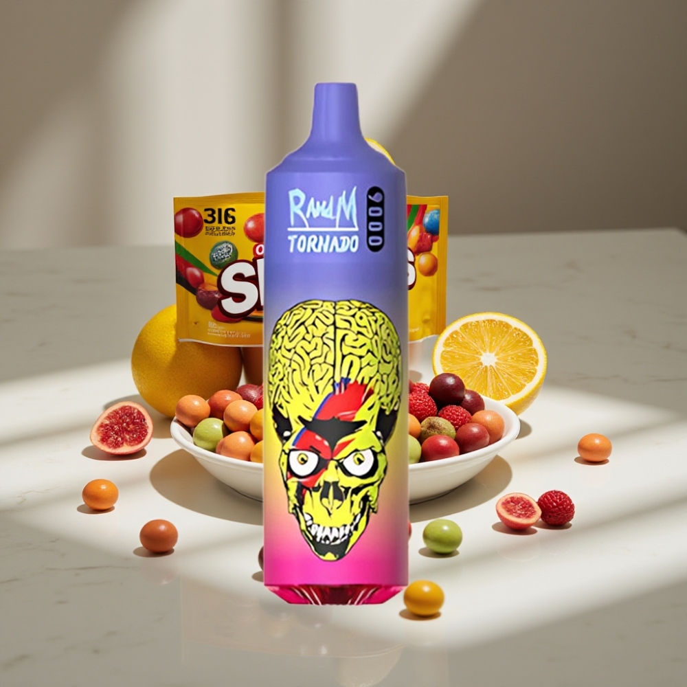 RandM Tornado 9000 Puffs Vape Recargable 18 mL Pantalla RGB Sabor Skittles