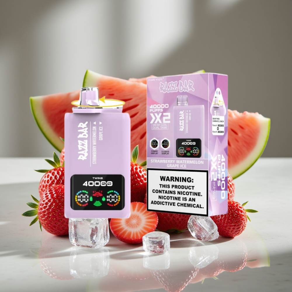 Razz Bar 40000 Puffs Pantalla de Potencia 1.0Ω×2 FRESA SANDÍA & UVA HIELO