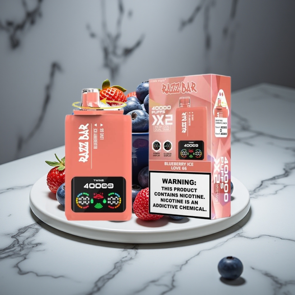 Razz Bar 40000 Puffs Vape Desechable Pantalla de Potencia, 1.0Ω×2, Tipo-C, Sabor ARÁNDANO HIELO & LOVE 66