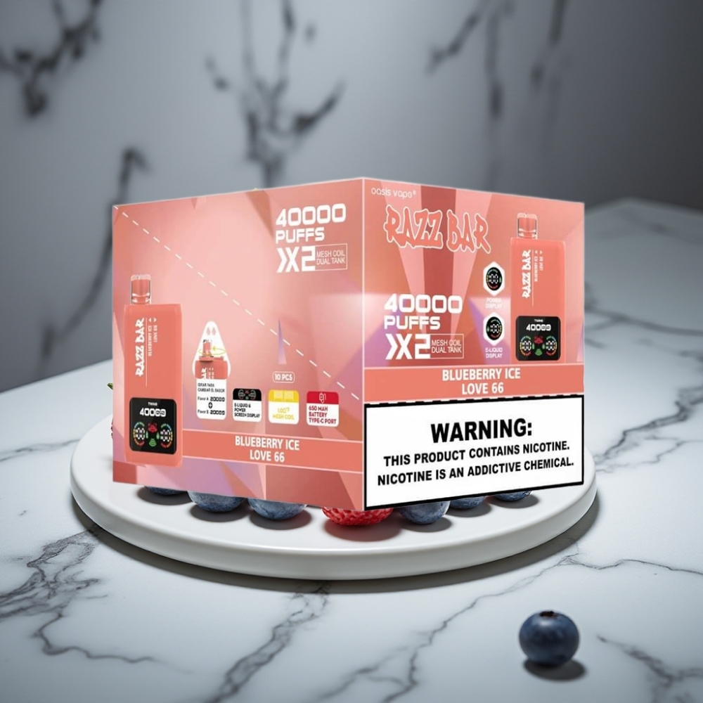 Razz Bar 40000 Puffs Vape Desechable Pantalla de Potencia, 1.0Ω×2, Tipo-C, Sabor ARÁNDANO HIELO & LOVE 66