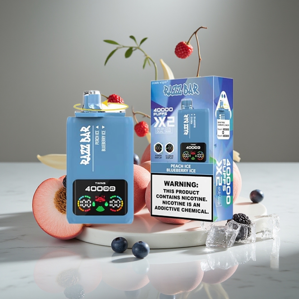 Razz Bar 40000 Puffs Vape Desechable con Pantalla, Doble Bobina Mesh 1.0Ω, Sabor DURAZNO HIELO & ARÁNDANO HIELO, 650mAh