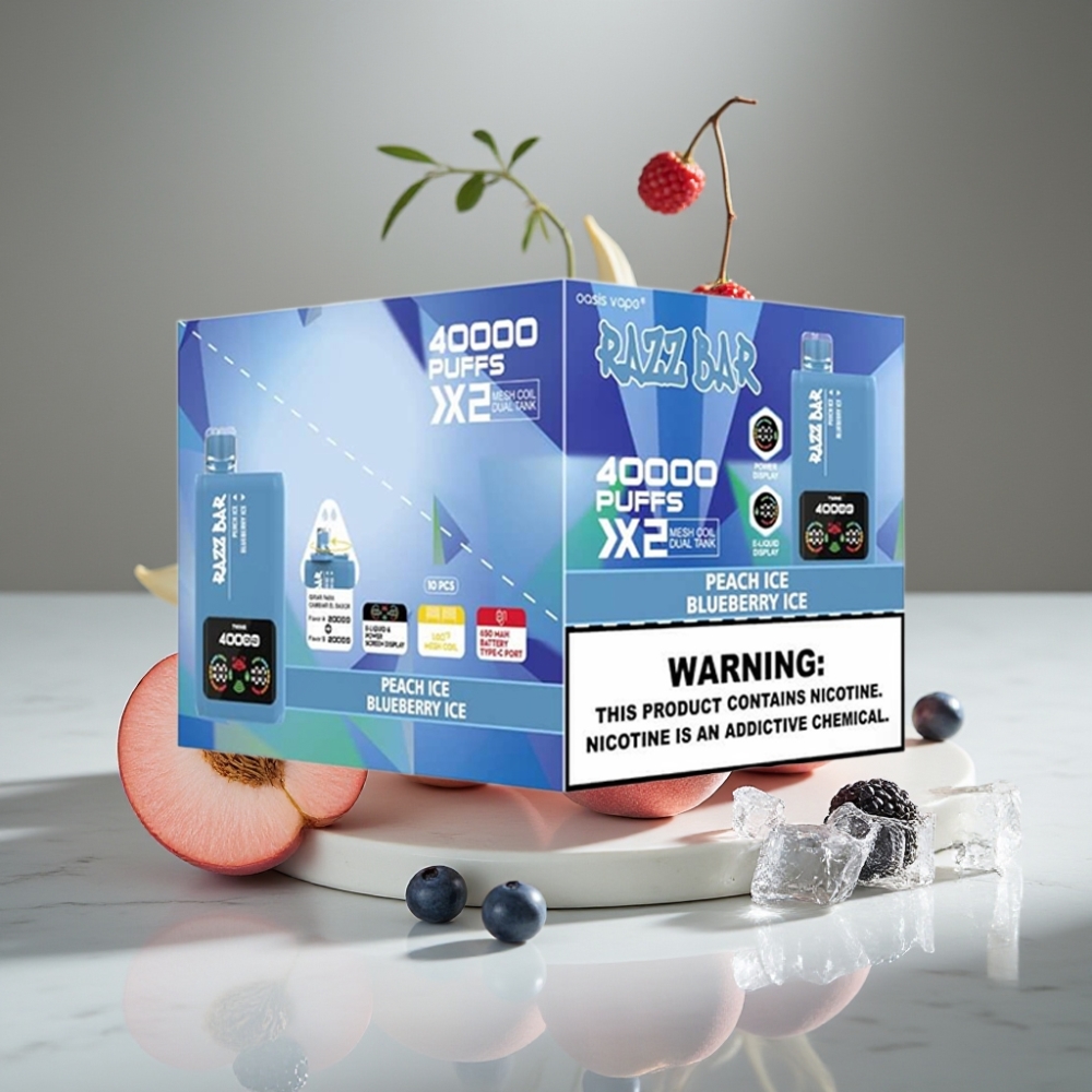 Razz Bar 40000 Puffs Vape Desechable con Pantalla, Doble Bobina Mesh 1.0Ω, Sabor DURAZNO HIELO & ARÁNDANO HIELO, 650mAh