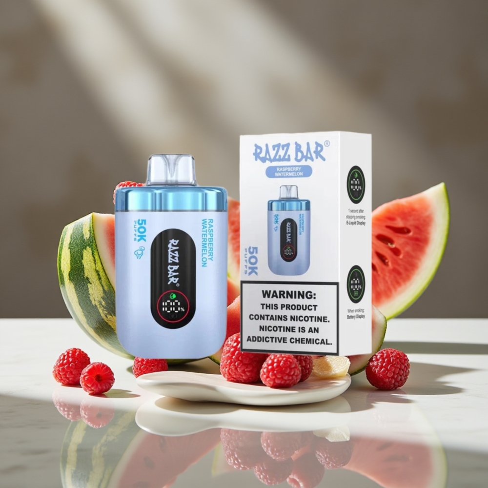 Razz Bar 50K Puffs Vape Desechable Frambuesa Sandía 1.0 Ohm Mesh 650mAh Tipo-C Recargable 2% Nicotina