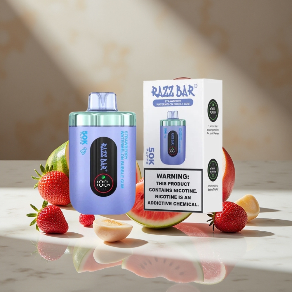 Razz Bar 50K Puffs Vape Desechable Fresa Sandía Chicle, 1.0 Ohm Mesh, Tipo-C, 650mAh, 2% Nic