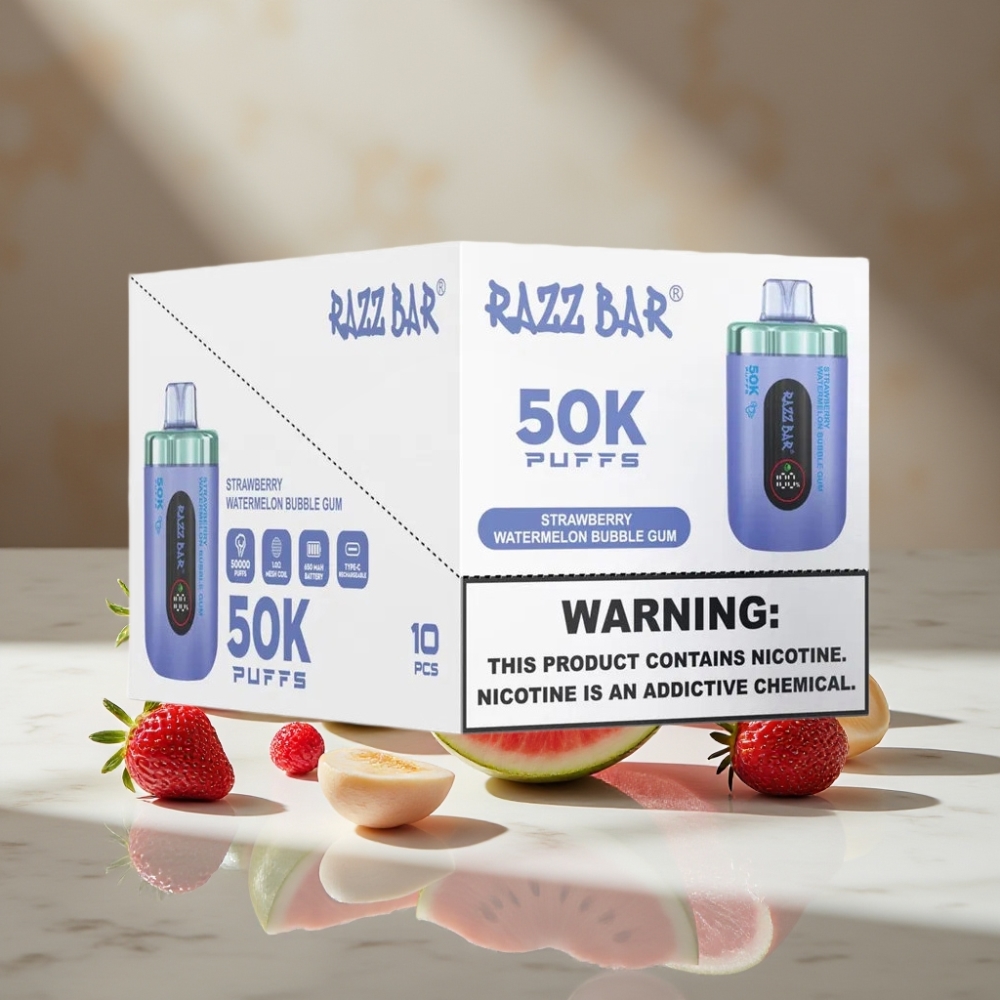 Razz Bar 50K Puffs Vape Desechable Fresa Sandía Chicle, 1.0 Ohm Mesh, Tipo-C, 650mAh, 2% Nic