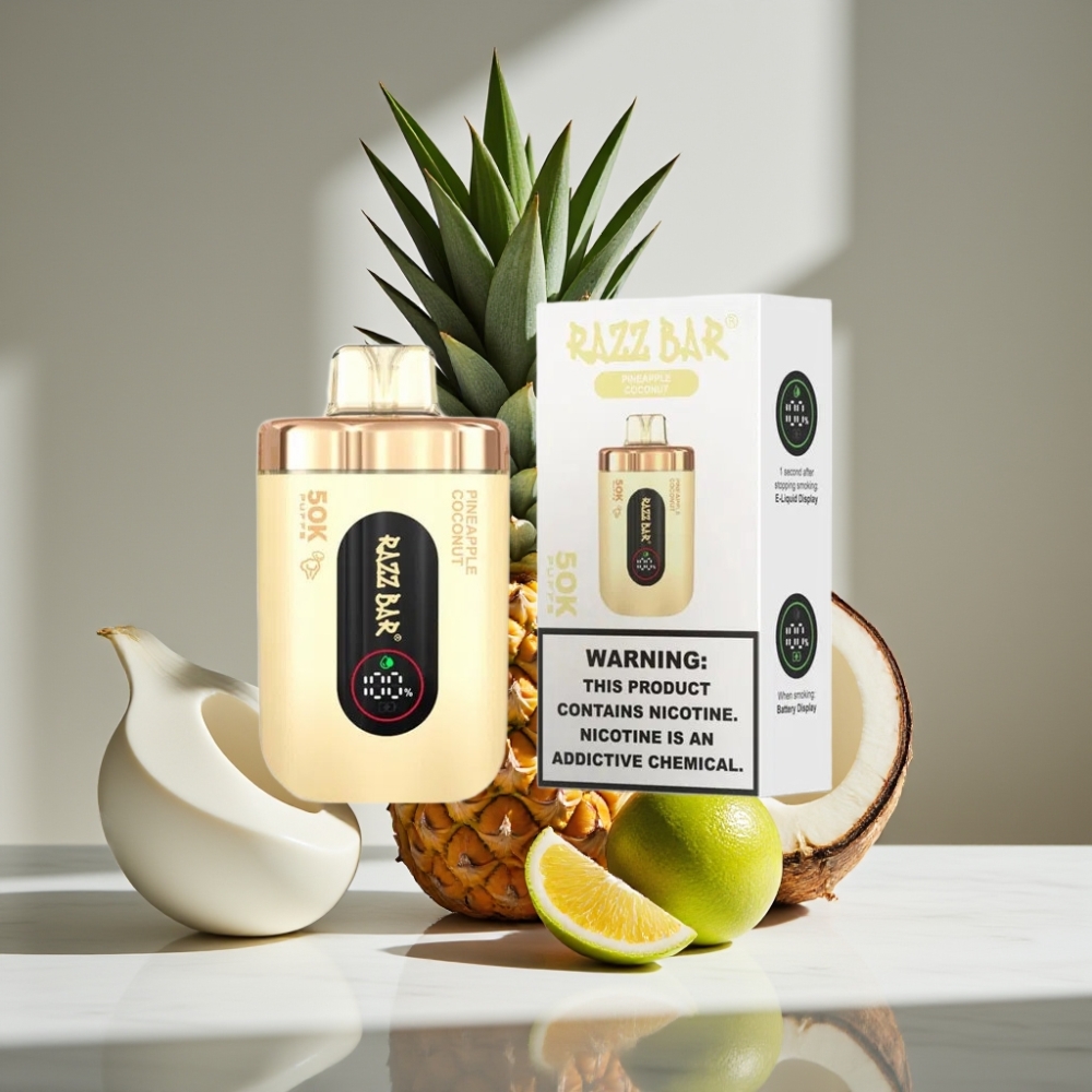 Razz Bar 50K Puffs Vape Desechable Piña Coco 1.0 Ohm Mesh 650mAh Type-C Recargable 2% Nic