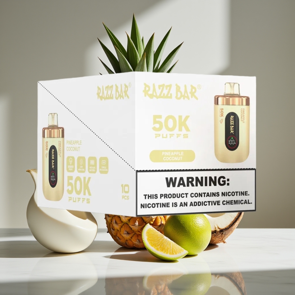 Razz Bar 50K Puffs Vape Desechable Piña Coco 1.0 Ohm Mesh 650mAh Type-C Recargable 2% Nic