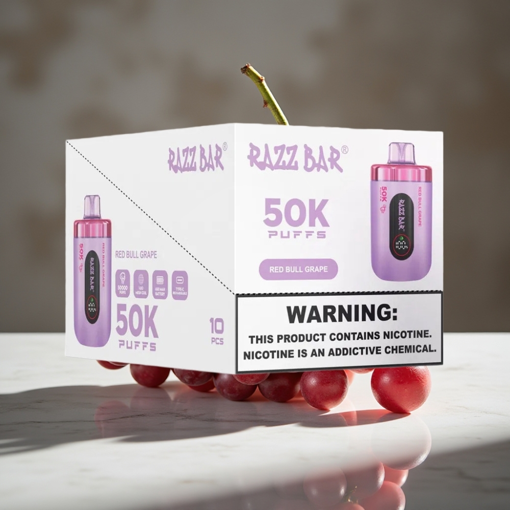 Razz Bar 50K Puffs Vape Desechable Uva Red Bull, 1.0 Ohm Mesh Coil, 650mAh, Recargable Tipo-C, 2% Nicotina