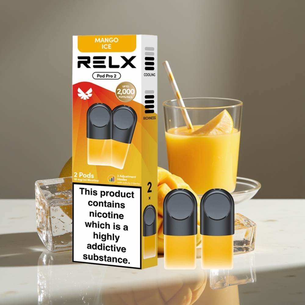 RELX Pod Pro 2 600 puffs 1.8% nicotina 1.9ml Mango Hielo 3 ajustes de voltaje